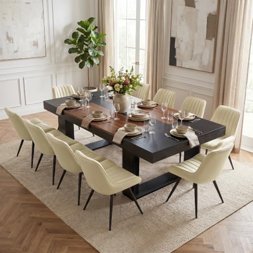 Miereirl 9-Piece Modern Farmhouse Dining Table Set, 86.6" x 47.2" Sturdy Stable Dining Table with 8 Chairs, Rectangular Kitchen Table Set for 8,(Black & Walnut Table+8 Beige Chairs)