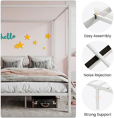 SHA CERLIN Full Size Canopy Bed Frame with Heavy Duty Metal Slats, White