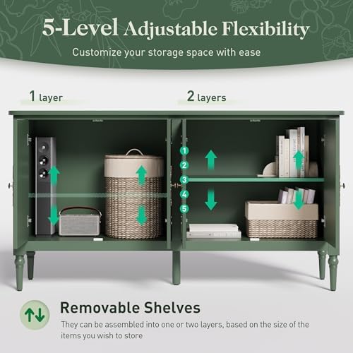 RoyalCraft 118" Buffet Cabinet with Storage, Vintage Sideboard with Adjustable Shelves, Mid Century Modern Painted Credenza Coffee Bar for Kitchen, Dining Room, Entryway, Living Room, Forest Green