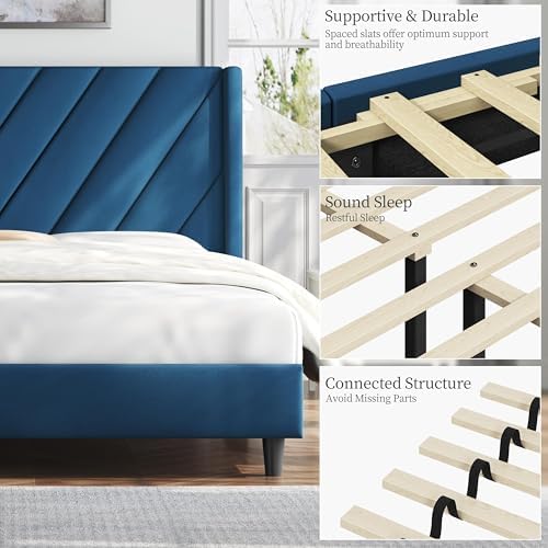 Yaheetech Queen Bed Frame with Chevron Channel-Tufted Headboard, Blue