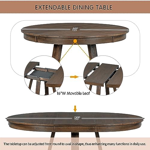 LUMISOL Round Dining Table Set for 4, Farmhouse Extendable Kitchen Table Set with 4 Upholstered Chairs, Solid Wood Table and Chairs Set for Kitchen, Dining Room, Living Room, Beige+Walnut