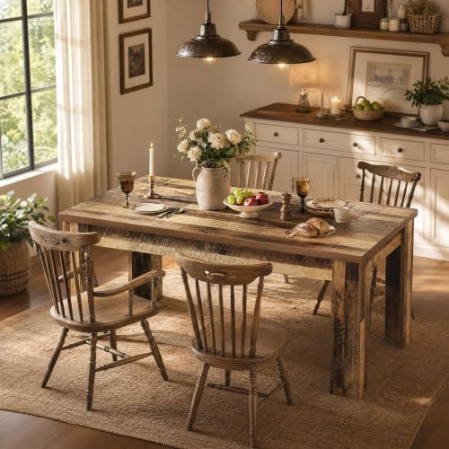 Garvee Wood Farmhouse Dining Table for 4-6, Heavy Duty Large Kitchen Table, 63 Inches Long Rectangular Dining Room Tables with Strong Legs, 1.18" Thickness Tabletop, for Big Family, Rustic Brown