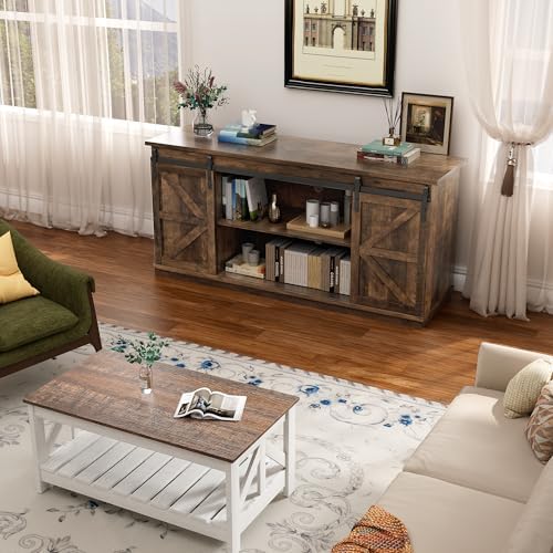 YESHOMY 58" TV Stand for TVs up to 65", Sliding Barn Doors, Barnwood