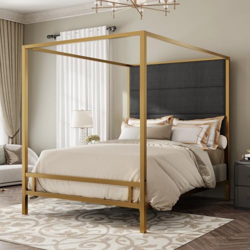 LUMISOL Gold Canopy Bed Frame King, Metal 4-Poster Bed with Tall Linen Upholstered Headboard, Box Spring Needed, Easy Assembly, Gold + Dark Grey