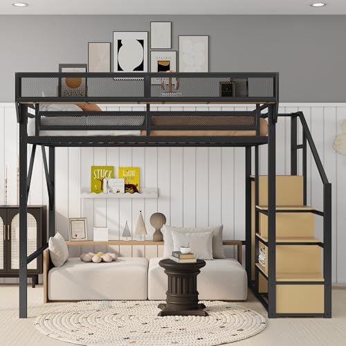 KEIKI Queen Size Metal Loft Bed Frame with Convertible Staircase, Built-in Storage Shelves and Wardrobe, Loft Bed with Solid Slats, Guardrail, No Box Spring Required, Easy Assembly, for Bedroom, Black