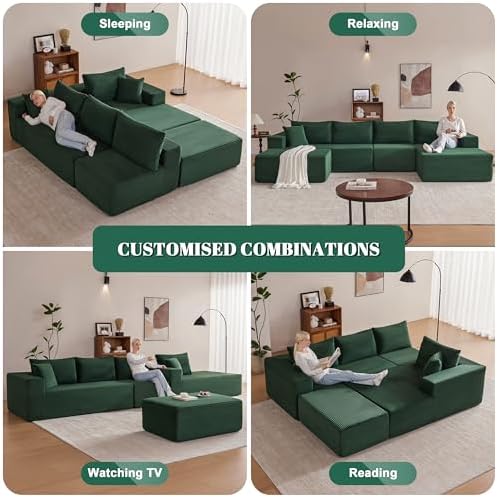Mangodan 140” Cloud Sectional Couch, Boneless Sofa for Living Room, Modular Sectional Sofa with Deep Seat, Comfy Fluffy U-Shaped Couch with Right-Facing Chaise, No Assembly Required, Green
