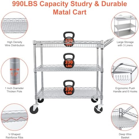 BolDuck Heavy Duty Utility Cart, 990Lbs Capacity 3 Tier Rolling Carts with Wheels, Kitchen Cart on Wheels with Storage, Commercial Grade Metal Serving Carts with Wire Shelving &Handle Bar, Silver