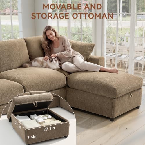 Ihanherry 141" Oversized Cloud Sectional Couches for Living Room, Modular Sectional Sofa with Wide Deep Seat, U Shaped Couch with Throw Pillow and Storage Ottoman, Brown