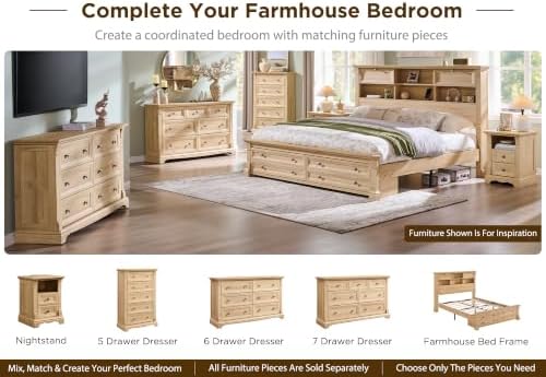 T4TREAM Farmhouse Queen Size Bed Frame with 54" Tall Storage Bookcase Headboard, 18" Roman Column Decoration Footboard,2 Drawer & 4 Storage Rack, Oak