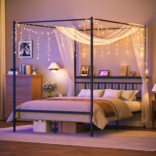 Queen Canopy Bed Frame with Storage Headboard Minimalist 4 Posters Bed