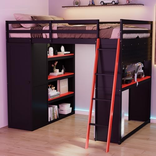 Merax Full Size Loft Bed with Desk and 6 Storage Shelves, Wardrobe, Blackout Curtain, Solid Wood Gaming Loft Bed Frame with USB Port & RGB Lights, No Box Spring Needed, Space-Saving, Black+Red