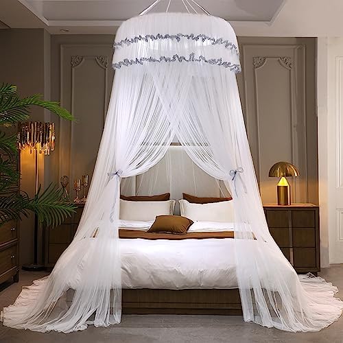 Kertnic Mosquito Net Bed Canopy for Girls, Princess Canopy Bed Curtain Fine Sheer Mesh Dome Bed Canopies, Girls & Adults Lace Tent for Twin Full Queen King Bed (White)