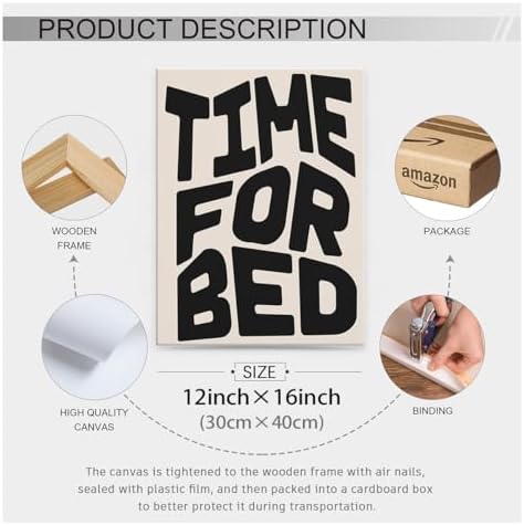 Black And White Time For Bed Poster Funny Quotes Wall Art 12x16 inch Framed Trendy Modern Minimalist Canvas Prints for Living Room Bedroom Wall Decor