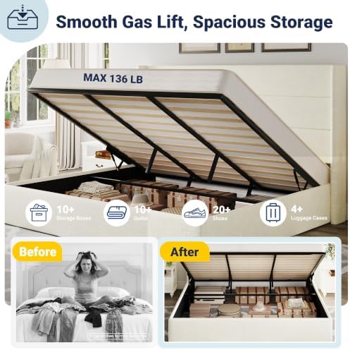 Allewie King Size Chenille Lift Up Hydraulic Storage Bed Frame Cream White