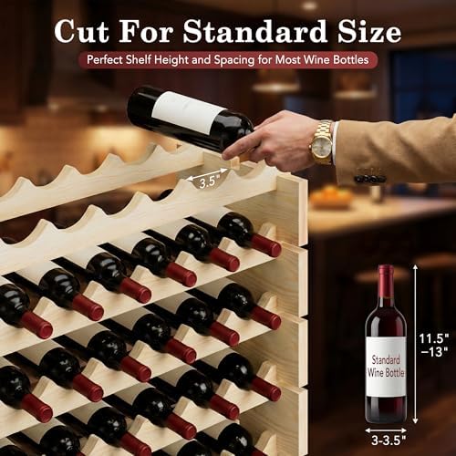 96 Bottles Stackable Modular Wine Rack, 8-Tier Wooden Wine Storage Rack Freestanding Wine Holder Display Shelves, Wobble-Free Shelves, Solid Wood