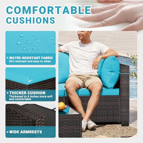 LEVELEVE 7-Piece Outdoor Patio Furniture Sets, Manual Weaving Rattan Conversation Sectional Sofa with Tempered Glass Coffee Table, All-Weather PE Wicker & Thick Cushions for Garden, Backyard, Porch