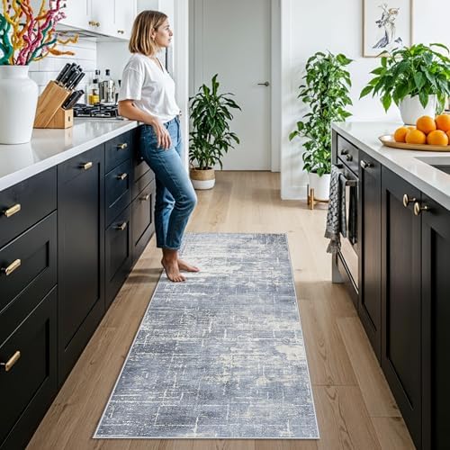 2x6 Non-Slip Entryway Area Rugs: Washable Stain Resistant Kitchen Carpet Low Pile Printed Doormat Soft Nursery Runner Vintage Abstract Floor Mat for Hardwood Bedroom Home Decor for Family(2x6,Blue)