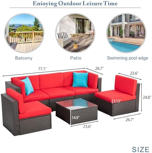 Vongrasig 6 Piece Patio Furniture Set, Small Outdoor Sectional Couch, Red