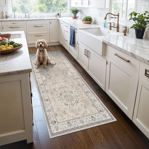 Hallway Washable Runner Rug - 3x6 Kitchen Rugs Entryway Rug Runner Vintage Soft Floor Mat Non Slip Indoor Farmhouse Carpet for Bathroom Living Room Bedroom (3 X 6, Beige)