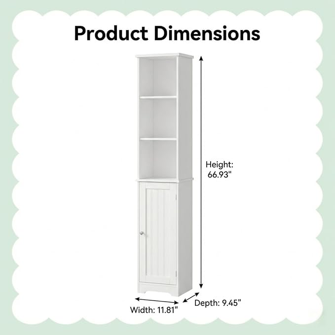 Bonnlo Narrow Cabinet, 67" Tall Slim Bathroom Storage Cabinet 12" Wide White Skinny Linen Cabinet with 3 Open Shelves Single Door Adjustable Shelf Space Saving Corner Pantry