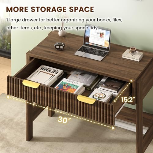 34 Inch Small Fluted Computer Desk with Drawer for Bedroom, Home Office
