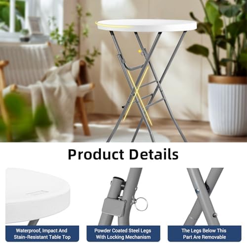 Byliable 28in Cocktail Folding Table, Round High Top Bar Height White Table