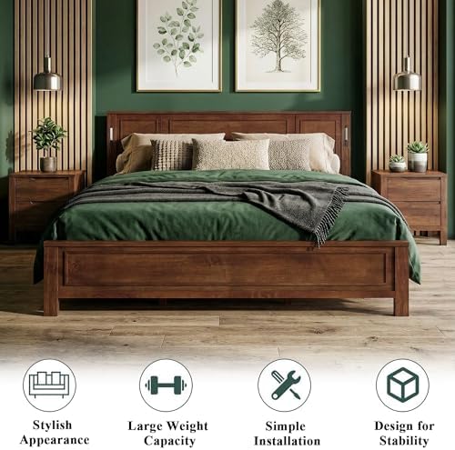 King Bed Frame with Tall Headboard & Footboard, Farmhouse Solid Wood Platform Bed Frames King Size with LED Lights & USB Charging Station,No Box Spring Needed, Walnut