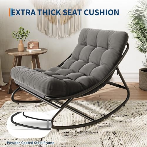 IDEALHOUSE Outdoor Rocking Chair with Metal Frame, Adjustable Papasan Rocker, Waterproof Comfy Cushion, 450lbs Capacity, for Patio, Porch, Garden, Living Room, Dark Grey