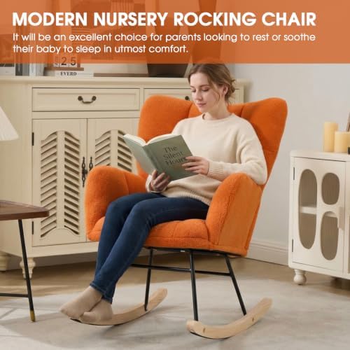 Nursery Rocking Chair, Teddy Upholstered Glider Chair with Thick Cushion, Tufted Gliding Rocker Chair with Wood Leg, Cozy Rocking Armchair, Accent Rocking Chair for Living Room (Orange)