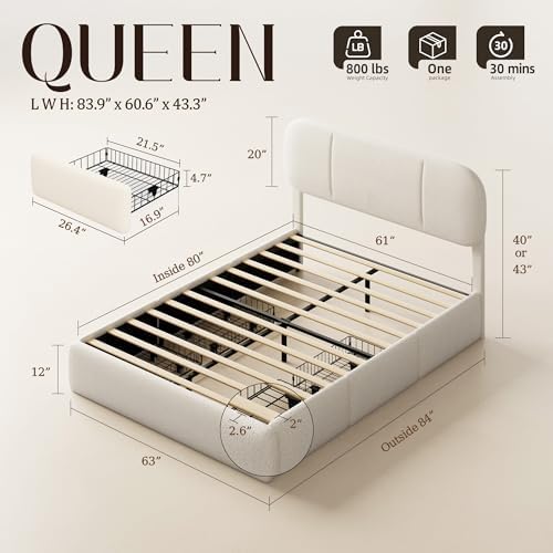 Queen Size Cloud Bed Frame with LED & 4 Drawers, Beige