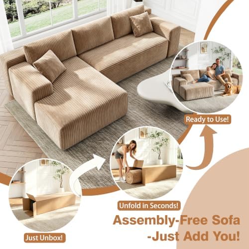 96" L-Cloud Sectional Boneless Couches for Living Room, Corduroy Fabric Modular Sectional Sofa with Chaise, Cloud-Couch Deep Seat Sofa, No Assembly Required, Camol