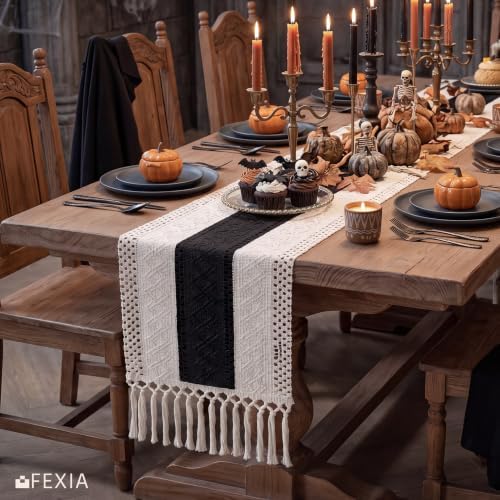 FEXIA Boho Table Runner with Tassels for Home Decor 12x72 Inches Black