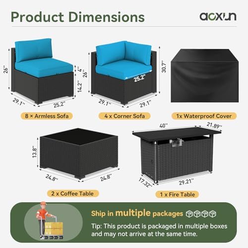 Aoxun 15 Piece Patio Furniture Set with 44” Fire Pit Table, Wicker Rattan Patio Sectional Sofa, Outdoor Furniture Set with Thickened Cushion, Peacock Blue