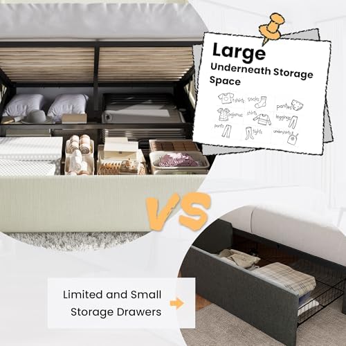 SHA CERLIN Queen Size Chenille Lift Up Hydraulic Storage Bed Frame Cream