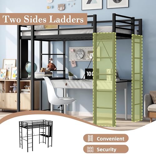 Nuturelly Twin Size Loft Bed with Desk, 13" Guardrails, Noise-Free, Black