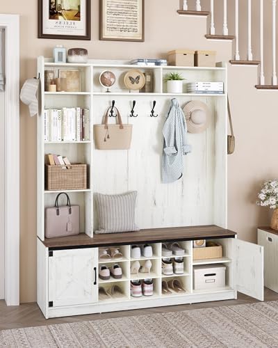 Hzuaneri 59.8" Hall Tree, LED Farmhouse Entryway Storage and Coat Rack Wood, Entryway Furniture with 7 Hooks, Hall Tree with Bench and Storage, 6 Storages Partitions Shoe Bench, Rustic White HT24814B