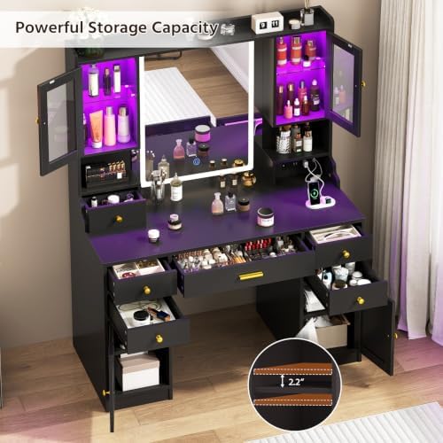 CSZZD Makeup Vanity Desk with Mirror and Lights, Black Vanity Table Set with Charging Station, Dressing Table with RGB Cabinets, Makeup Vanity Mirror with Light Desk and Drawers, 3 LED Light Modes