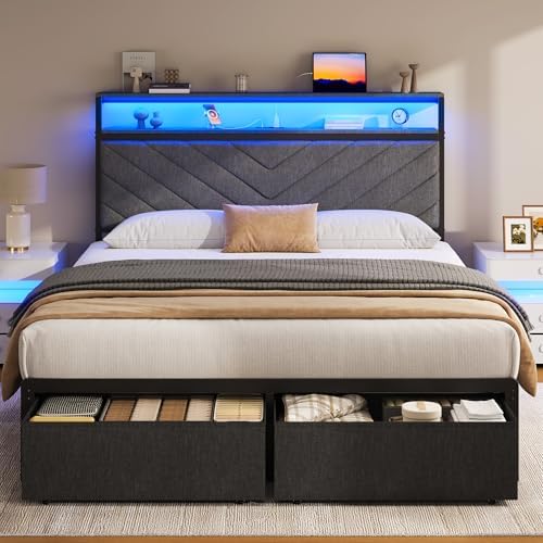 Fluest Full Bed Frame with 2 Drawers, Upholstered Headboard with Storage and Charging Station, LED Lights, Fabric Drawers with Wheels, Under Bed Storage, No Box Spring Needed, Easy Assembly, Grey