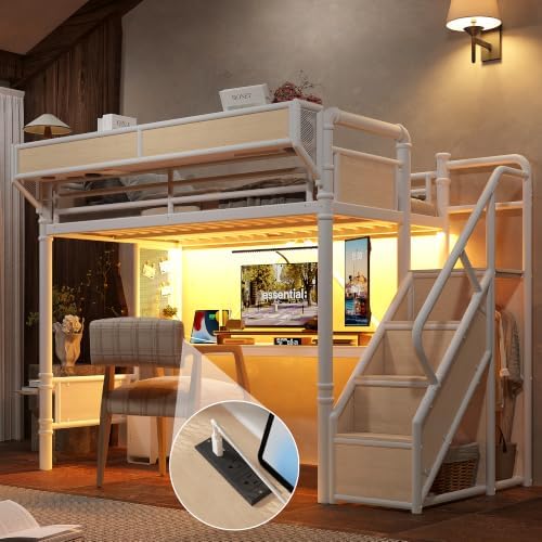 KEIKI Twin XL Size Metal Loft Bed Frame with Storage Staircase, Desk, White
