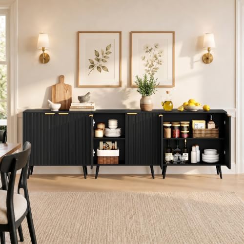 Set of 4 Fluted Storage Cabinet, Buffet Cabinet with Storage, Wood Sideboard with Adjustable Shelf, Modern Accent Cabinet & Console Table for Entryway, Living Room, Dining Room, Black
