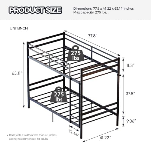 Bellemave Twin Over Twin Bunk Beds, Metal Bunk Bed Frame with Ladder and Full-Length Guardrail for Kids, Adults, Can be Split, Black