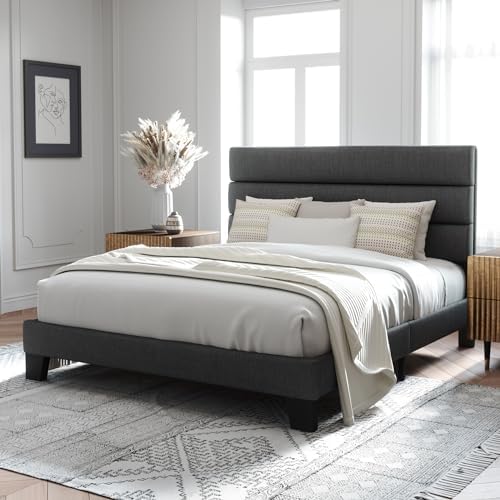 Allewie Queen Size Platform Bed Frame with Fabric Upholstered Headboard