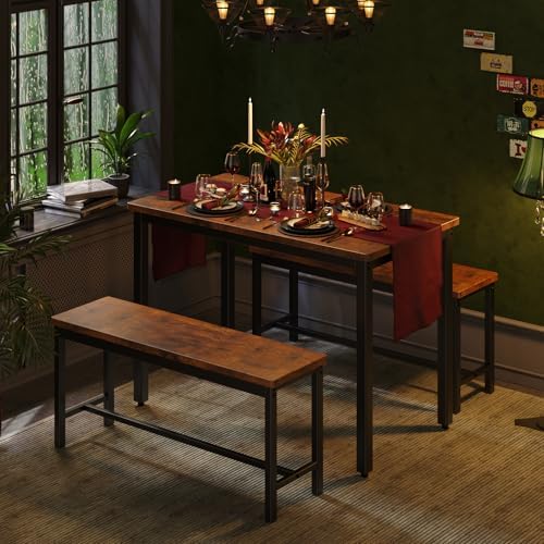 Tatub Dining Table Set for 4, 3-Piece Kitchen Table with 2 Benches, Space-Saving Dining Room Set for Breakfast Nook and Small Spaces, Brown