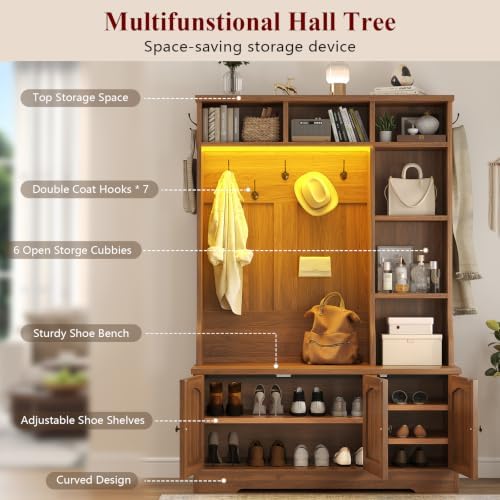 Hall Tree with Bench and Shoe Storage, Rattn Entryway Bench with Coat Rack