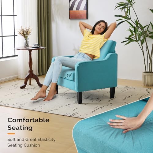 VINGLI Accent Chair, Linen Upholstered Teal Blue Armchair for Living Room