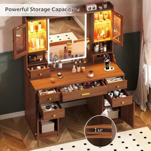 Vanity Desk with LED Mirror and Lights, Makeup Vanity with RGB Cabinets | Vanity Table with Charging Station and 6 Storage Drawers, Adjustable 3 Mode Mirror Lights, Bedroom Dressing Table for Women