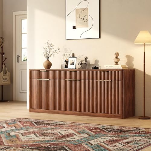 Evermagin 67" Fluted Walnut Sideboard Buffet Cabinet with 3 Drawers