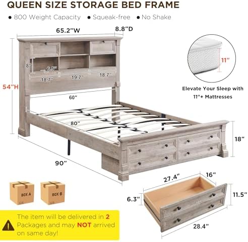 Queen Size Bed Frame 2 Drawer & 4 Storage Rack Headboard Charging Station