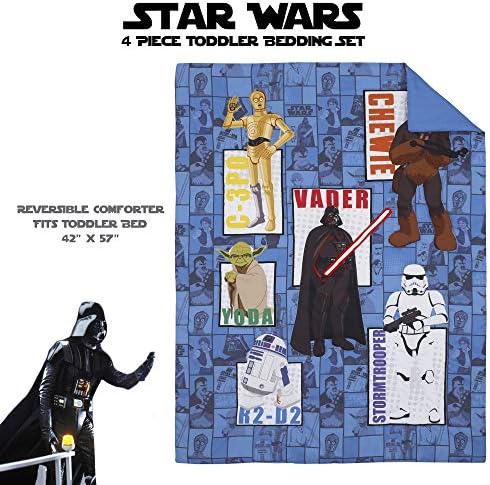 Disney Star Wars Galaxies Await 4 Piece Toddler Bedding Set Fitted Sheet, Pillow Case, Top Sheet, and Comforter Quilt - Blue