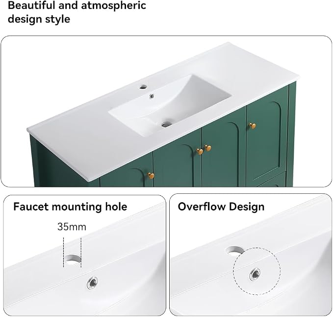 LUMISOL 48" Bathroom Vanity with Sink, Modern Single Sink Bathroom Vanity with 4 Doors & 2 Drawers, Freestanding Bathroom Storage Cabinet with Ceramic Basin, Solid Wood Frame, Green